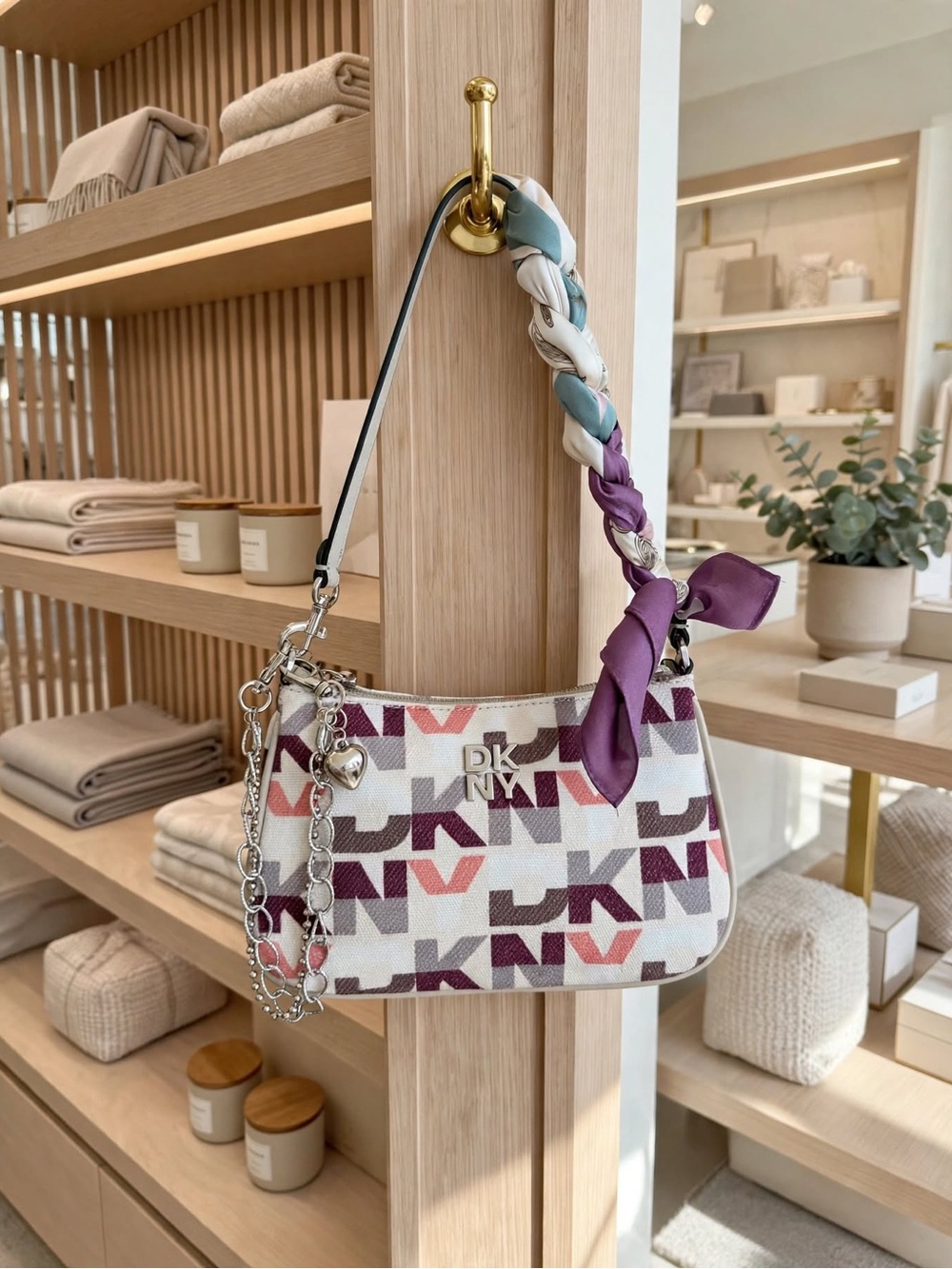 DKNY White Mini Logo Shoulder Bag with Purple & Pink Accents